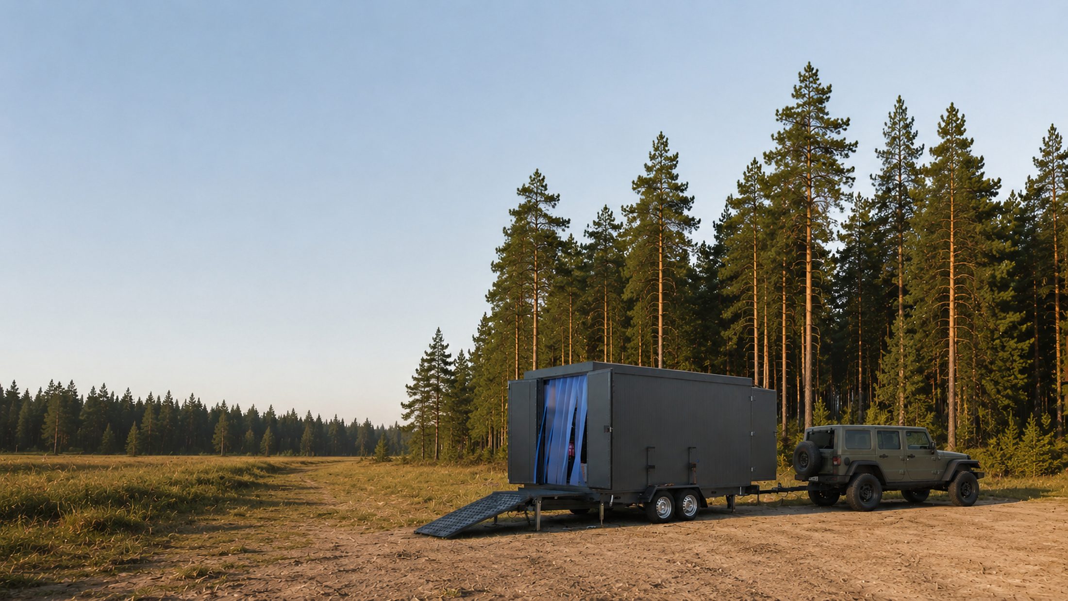 ORTAN module deployed in a forest clearing, towed by a military 4x4